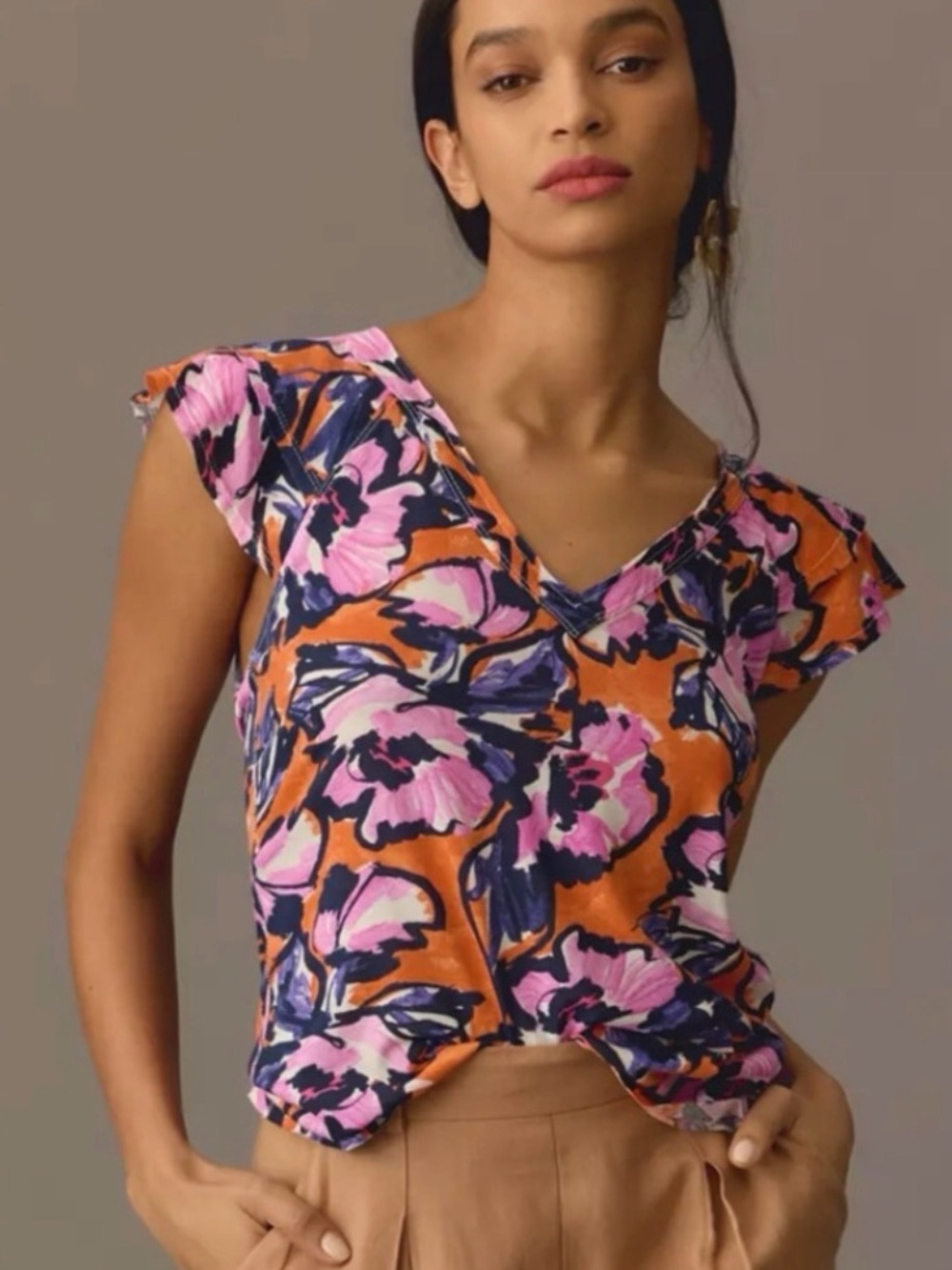 Maeve by Anthropologie Catie Ruffle-Sleeved Floral Tee - Size XL